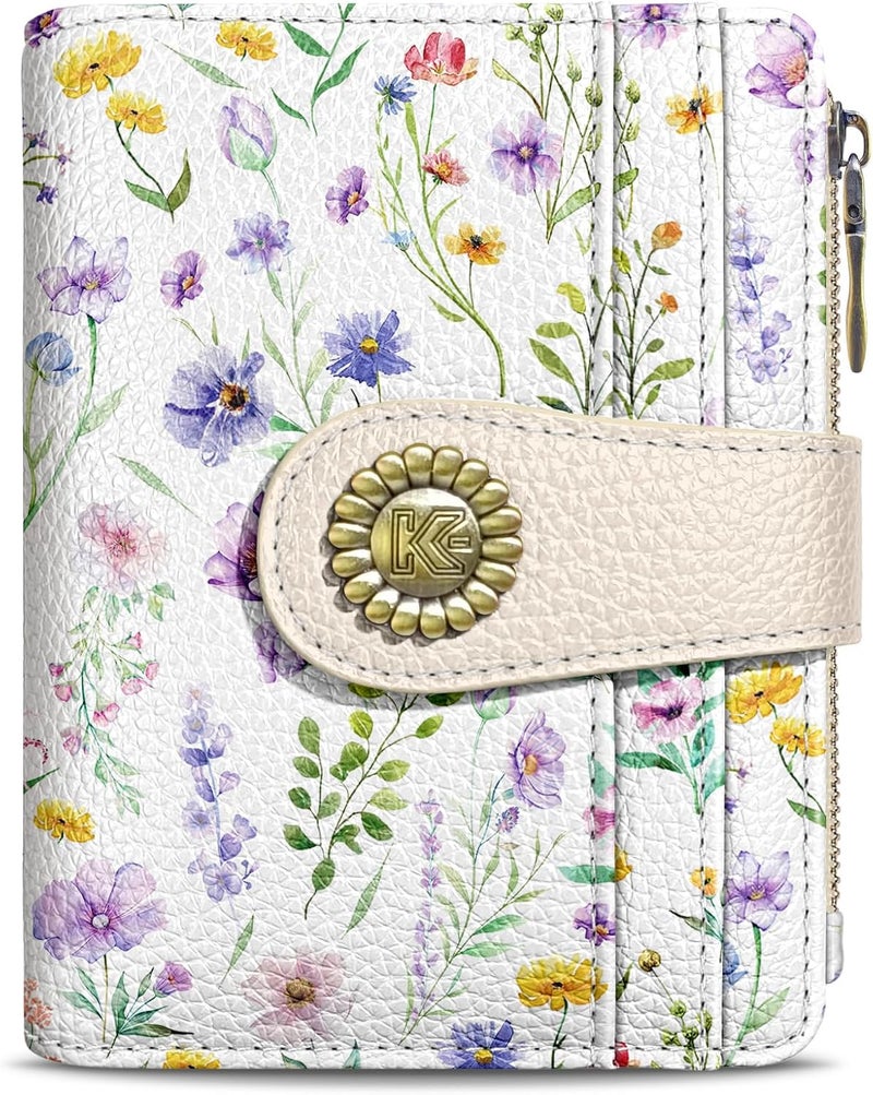 Kelvoris Flowers Floral Small Rfid Women Wallet Bifold Zipper Coin Pocket PU Leather Compact Cash Credit Card Holder Travel Wallet for Female Ladies Teen Girls 1 ID Window 10 Card Slots - Image 1